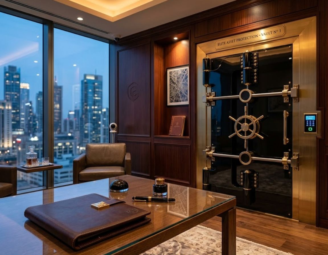 High-end office featuring a massive black and brass "Elite Asset Protection" vault door built into a wood-paneled wall, alongside a glass-topped desk holding a leather portfolio and a city skyline view at dusk.
