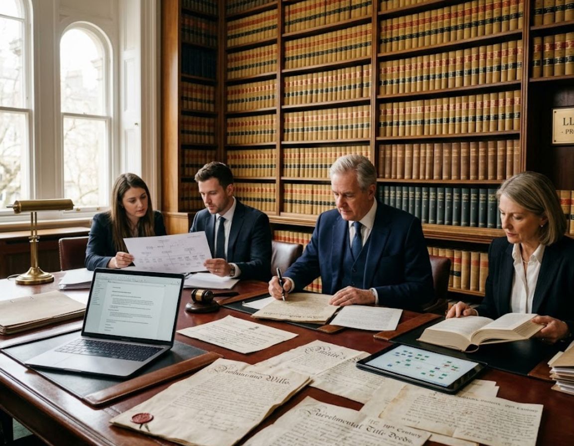Four legal professionals seated around a conference table in a classic law library, reviewing laptops, modern documents, and historical parchment wills with wax seals during probate litigation.