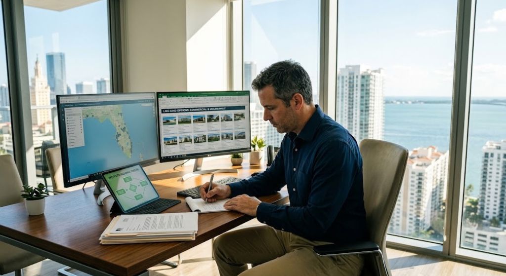 A man working at a desk with a laptop and a desktop computer in front of him.