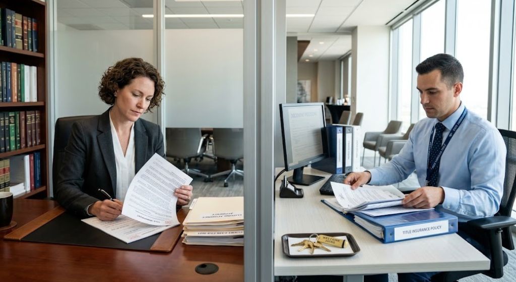 Two people at a desk with papers and a laptop, discussing real estate closing options.