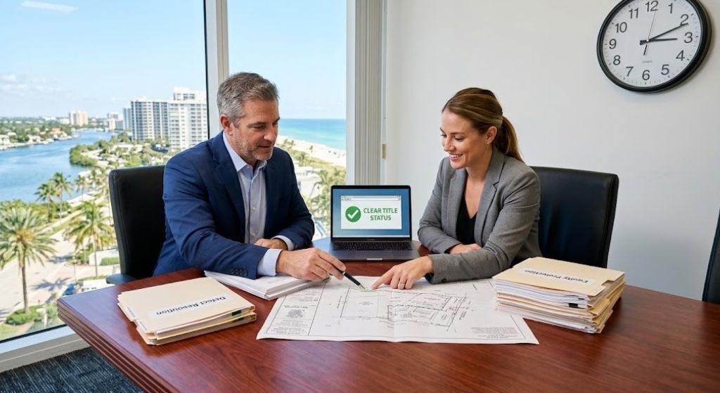 A table with two people, papers, and a laptop, focused on resolving a defect issue.