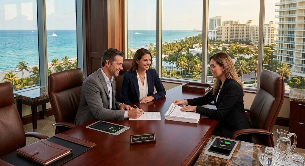 Three business people discuss at a conference table with an ocean view in the background.